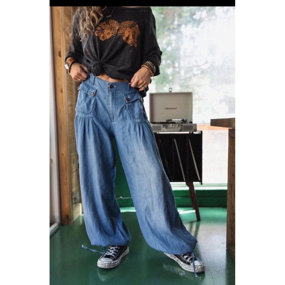 Three‎ Bird Nest East Bay Loose Fit Cargo Jeans Blue Denim Boho Wide Leg Small